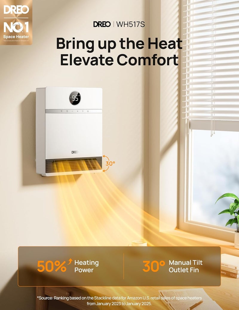 Dreo Smart Wall Heater, IP24 Electric PTC Space Heaters for Indoor Use, 30° Oscillation, Adjustable Thermostat, Remote Control, Works with Alexa, 24H Timer, Easy-mounted for Office, Bedroom, Home - Image 2